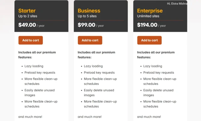 Screenshot of the WP-Optimize pricing structure