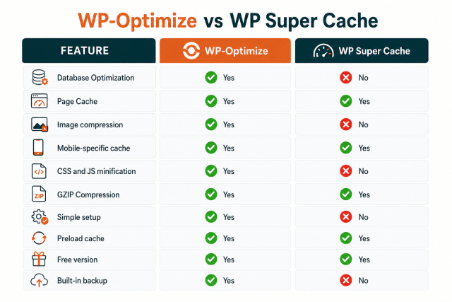 Infographic illustrating WP Optimize VS WP Super Cache