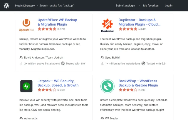 WordPress plugin directory backup plugins list with UpdraftPlus on top