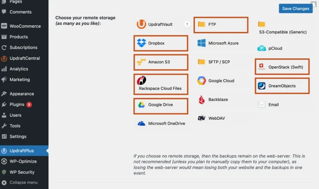 Storage options available on UpdraftPlus free