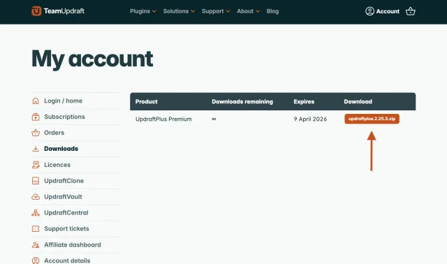 UpdraftPlus download link on TeamUpdraft's website