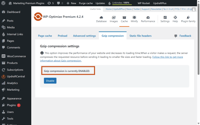 Gzip compression settings in WP-Optimize