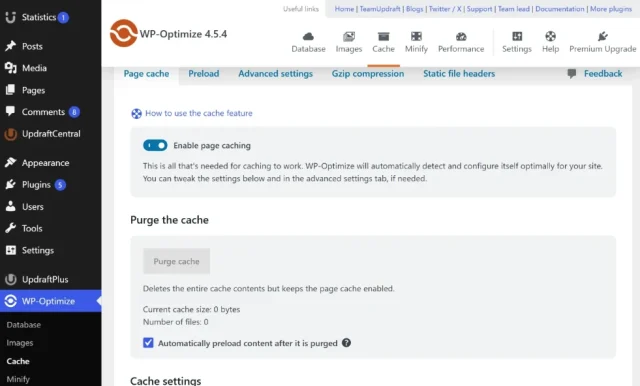 Screenshot of WP Optimize 'Page Cache' tab options