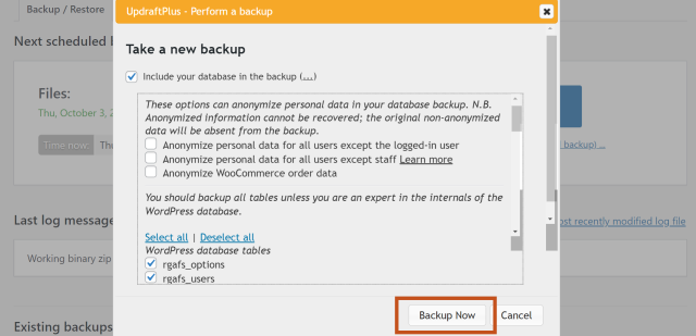 In the 'Perform a backup dialogue, select 'Back up Now' button to take a new backup