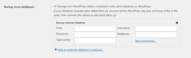 In the 'Backup more databases' option select the 'Add an external database to backup' button