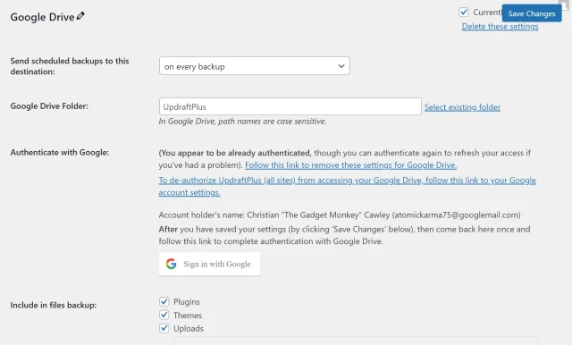 UpdraftPlus Google Drive page options