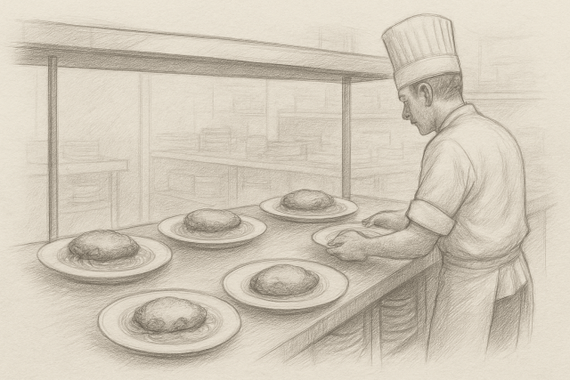 Sketch of a chef prepping dinner plates