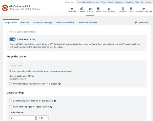 Page cache tab in the WP-Optimize plugin