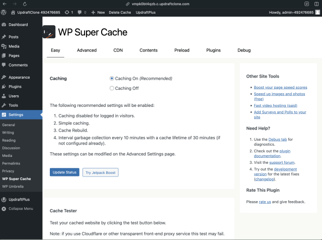 Cache settings in the WP Super Cache plugin