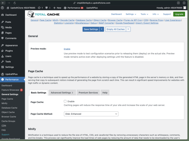 Page cache settings in the WP Total Cache plugin