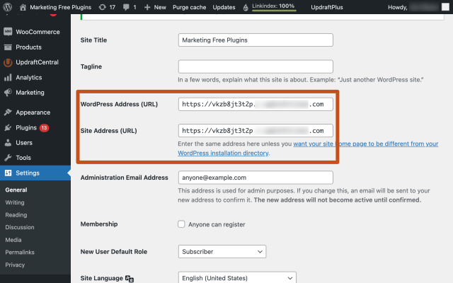 Changing the site and WordPress address URL settings to the new domain