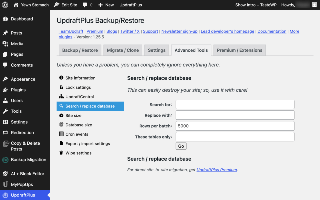 The search and replace tool in UpdraftPlus