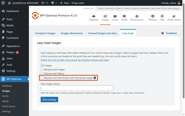 Wp-Optimize replace Youtube iFrame preview feature