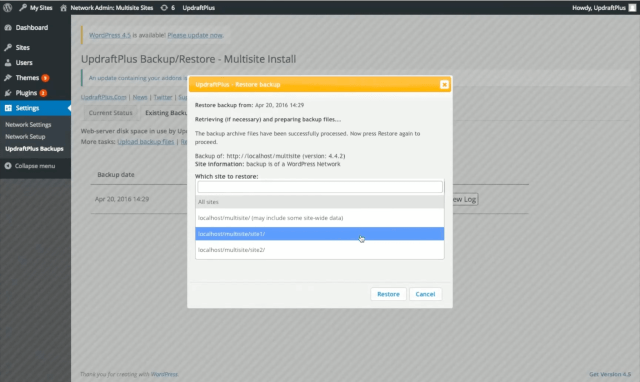 Choose the single site you want to restore to the multisite