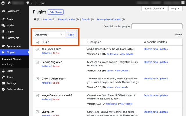 Deactivate all plugins on your WordPress site