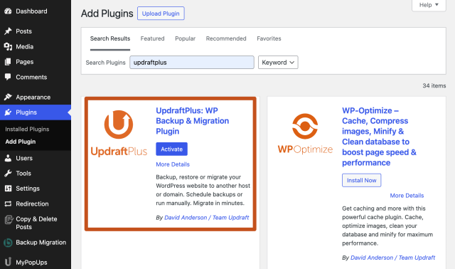 Install and activate the UpdraftPlus plugin