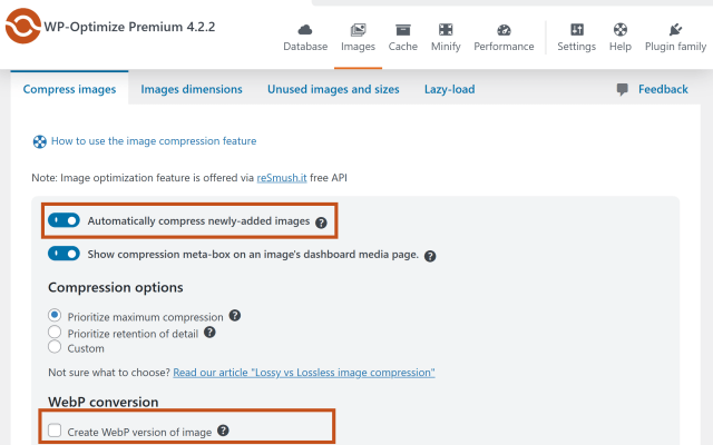 How to compress images in the WP-Optimize plugin