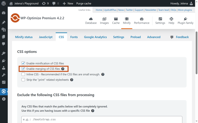 Enabling the CSS merging feature in WP-Optimize