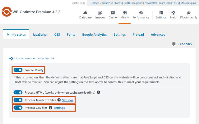 Enable minify in the WP-Optimize plugin dashboard