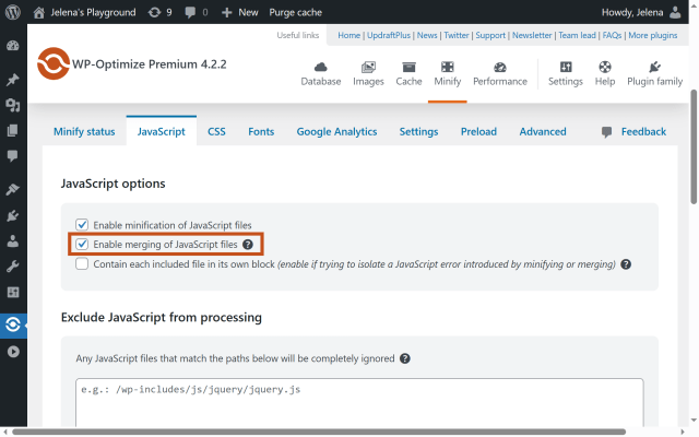 Enable JavaScript merging in WP-Optimize