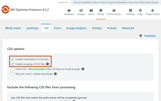 How to enable merging of CSS files in WP-Optimize plugin