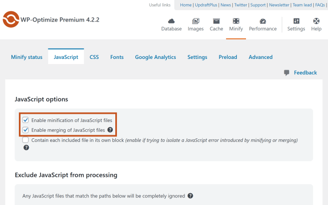 Minify and combine JavaScript files in the WP-Optimize plugin