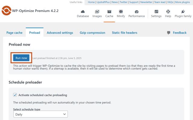 WP-Optimize pre-load cache feature in the WordPress dashboard