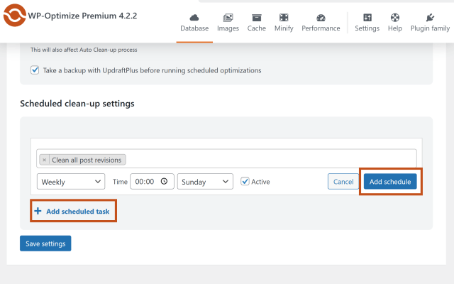 Schedule clean up settings in WP-Optimize
