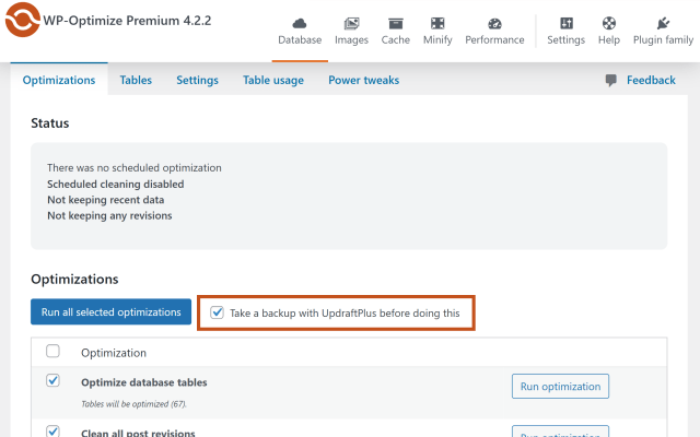 Take a backup before cleaning the database in WP-Optimize