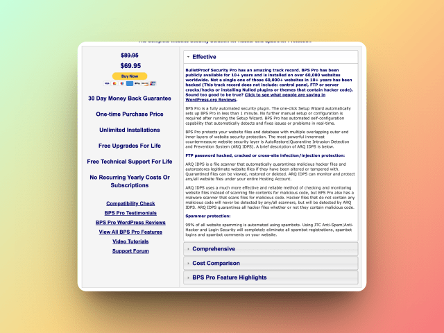 Information on security plugin Bulletproof features