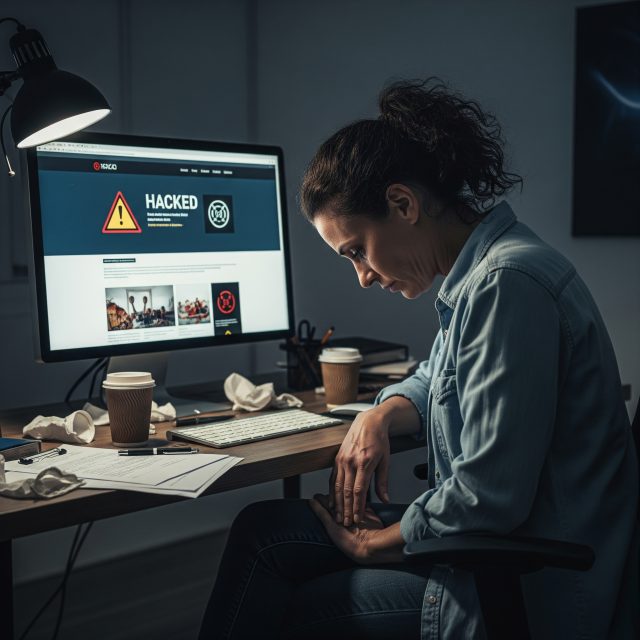 A woman pondering after finding out her website has been hacked