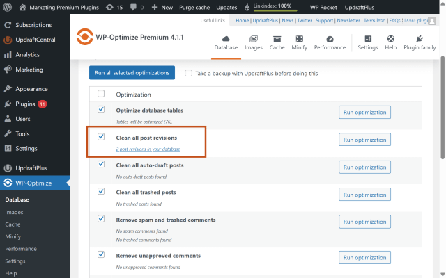 How to clean up post revisions in the WP-Optimize dashboard