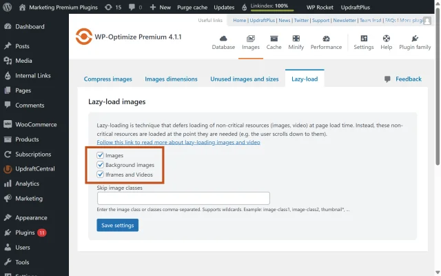 How to enable lazy loading in the WP-Optimize dashboard