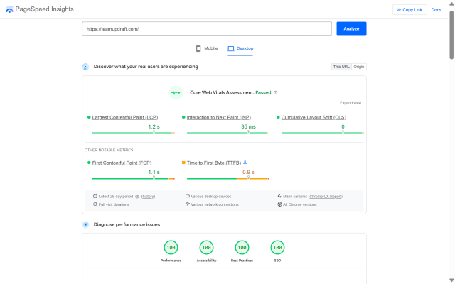 Google Page Speed Insight results for TeamUpdraft website