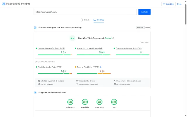 Google Page Speed Insight results for TeamUpdraft website