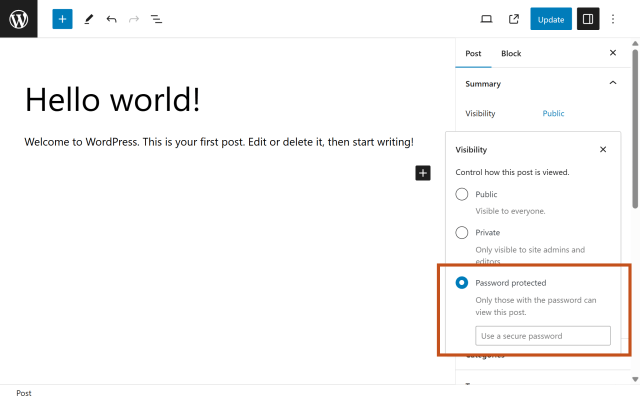 Screenshot showing where to click to password protect a page in WordPress