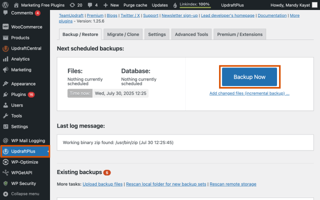 Taking a backup of a WordPress site with UpdraftPlus
