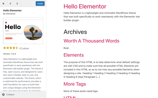 preview of Elementor theme in WordPress
