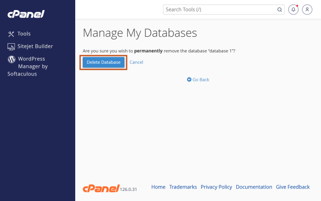 Confirm database deletion in Cpanel