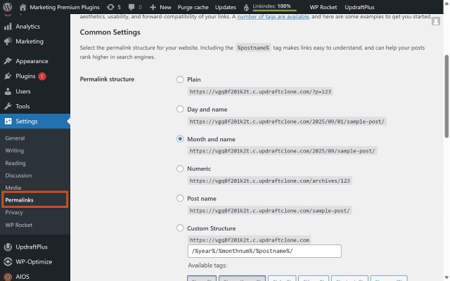 Permalink settings in the WordPress dashboard