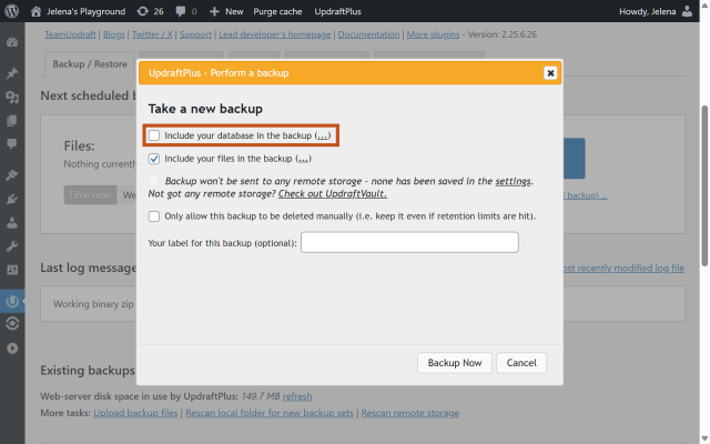 Uncheck database when taking a backup