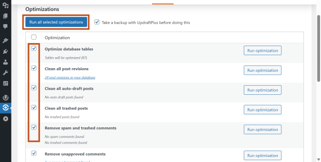 Running a database cleanup in WP-Optimize