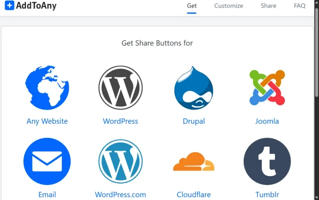 Screenshot of the AddtoAny plugin homepage