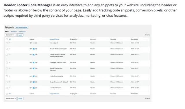 Screenshot of Header Footer Code Manager interface