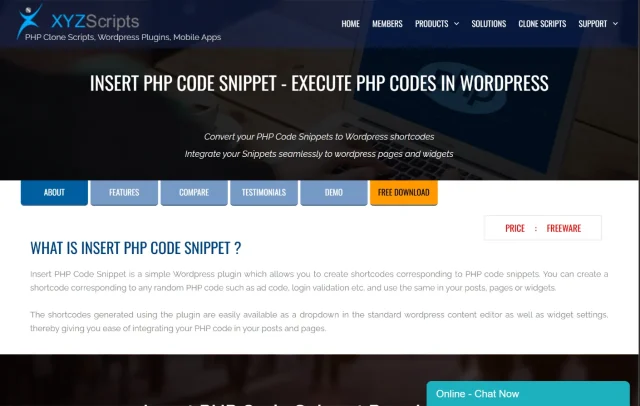 Screenshot of Insert PHP Code Snippet homepage