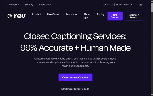 Screenshot of Rev.com Caption service website homepage