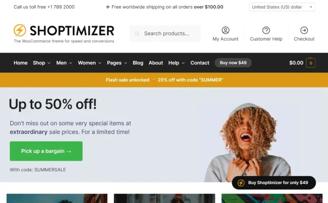 Screenshot of Shoptimizer theme hompeage