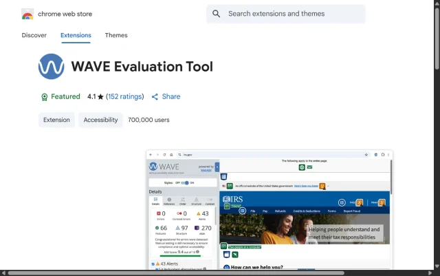 Screenshot of WAVE Evaluation Tool Chrome Extension Homepage