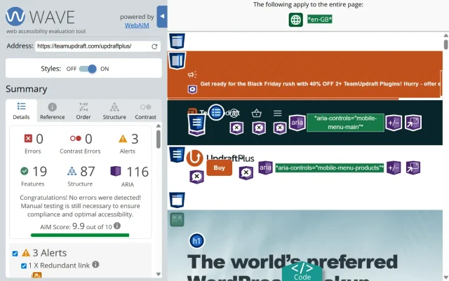 Screenshot of results of WAVE Evaluation of UpdraftPlus page