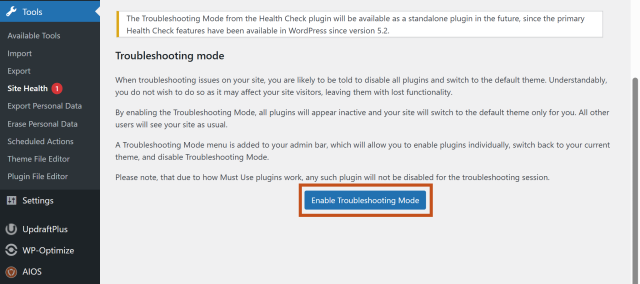 Troubleshooting settings inside the Health Check plugin